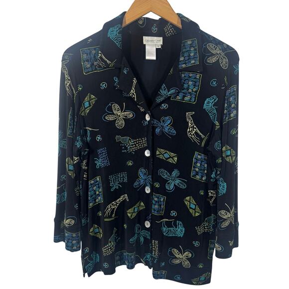 Coldwater Creek Top Women Size M Black Shell Button Down Made in USA Giraffe - Picture 1 of 7